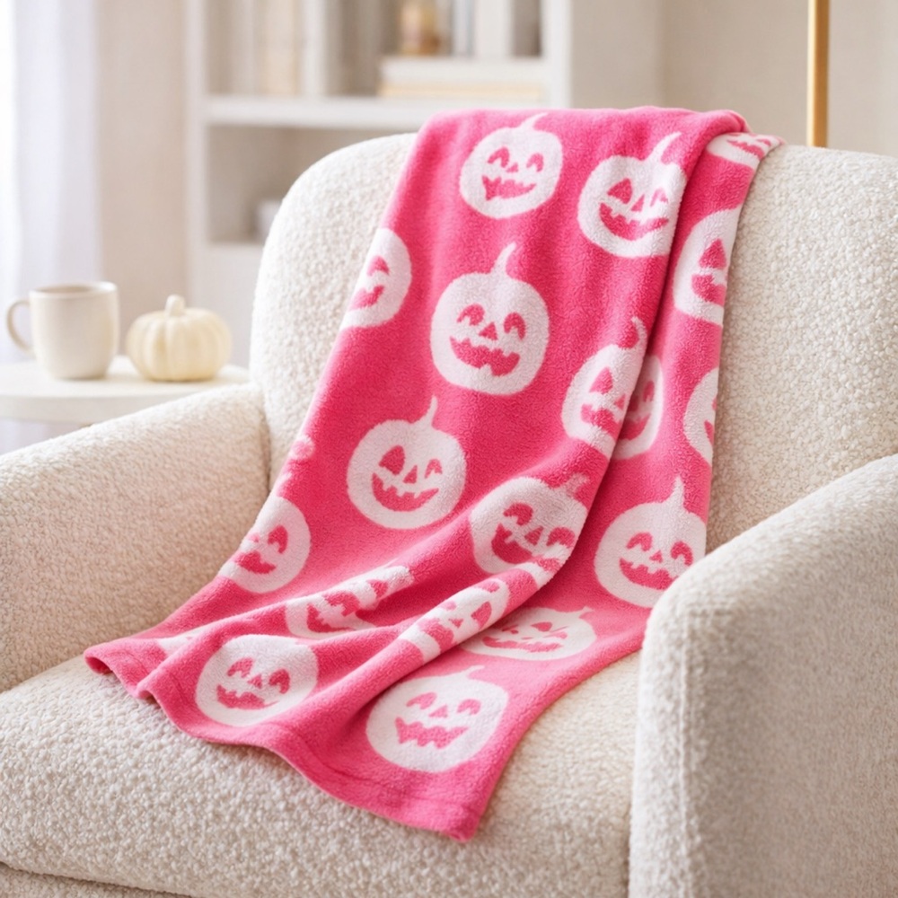 Novogratz Pink Pumpkin Throw Blanket Feather Knit